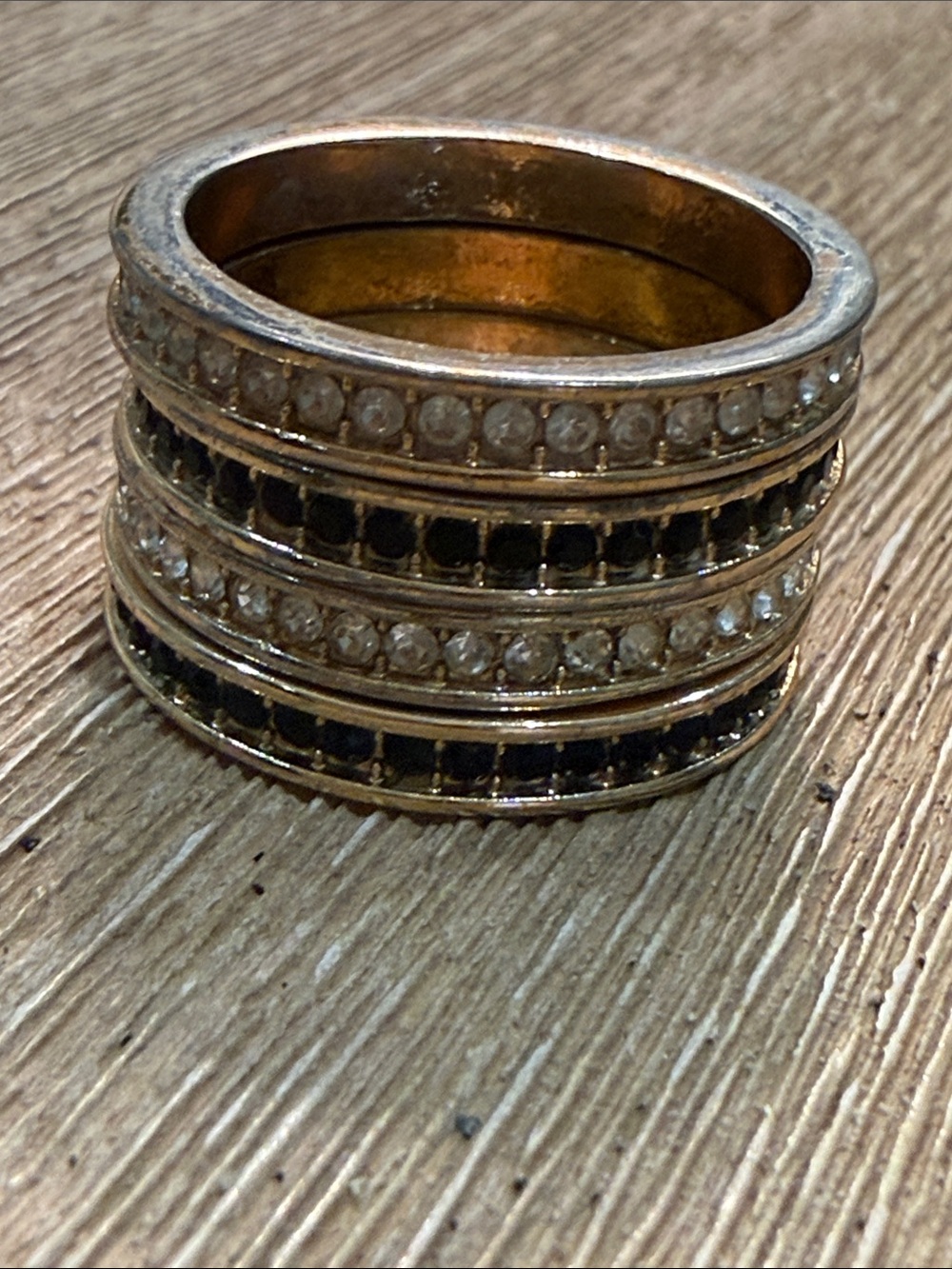 Gold-Tone Multi-Row Crystal Stackable Ring - Black & Clear Stones